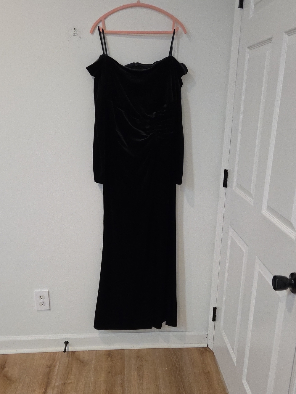 Xscape Black Velvet Off-Shoulder Maxi Dress Faux Wrap With Long Slit NEW Size 14